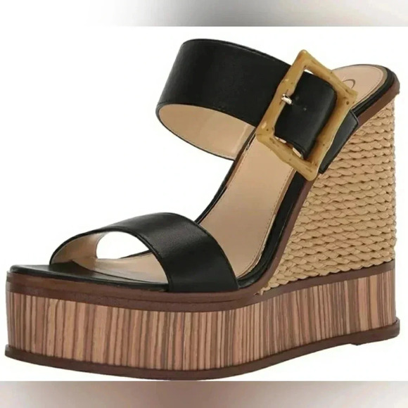 J S Wedge 10 Boho Chic Black Slip-On Platform Leather Sandals - Picture 4 of 5